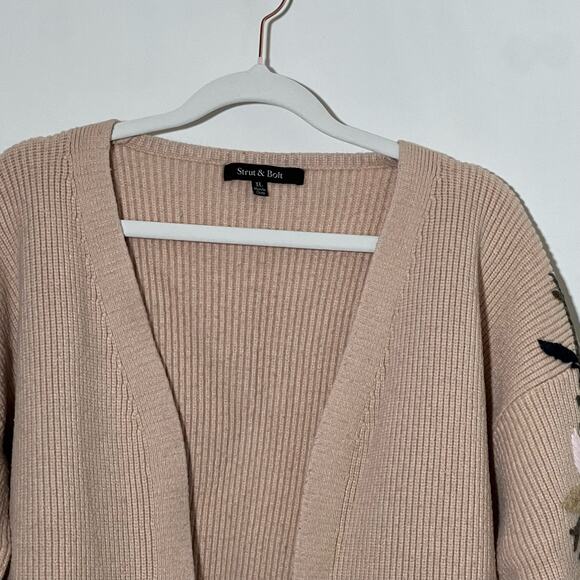 Strut & Bolt Knitted Embroidered Floral Open Front Cardigan Tan Womens Size XL - Picture 4 of 7